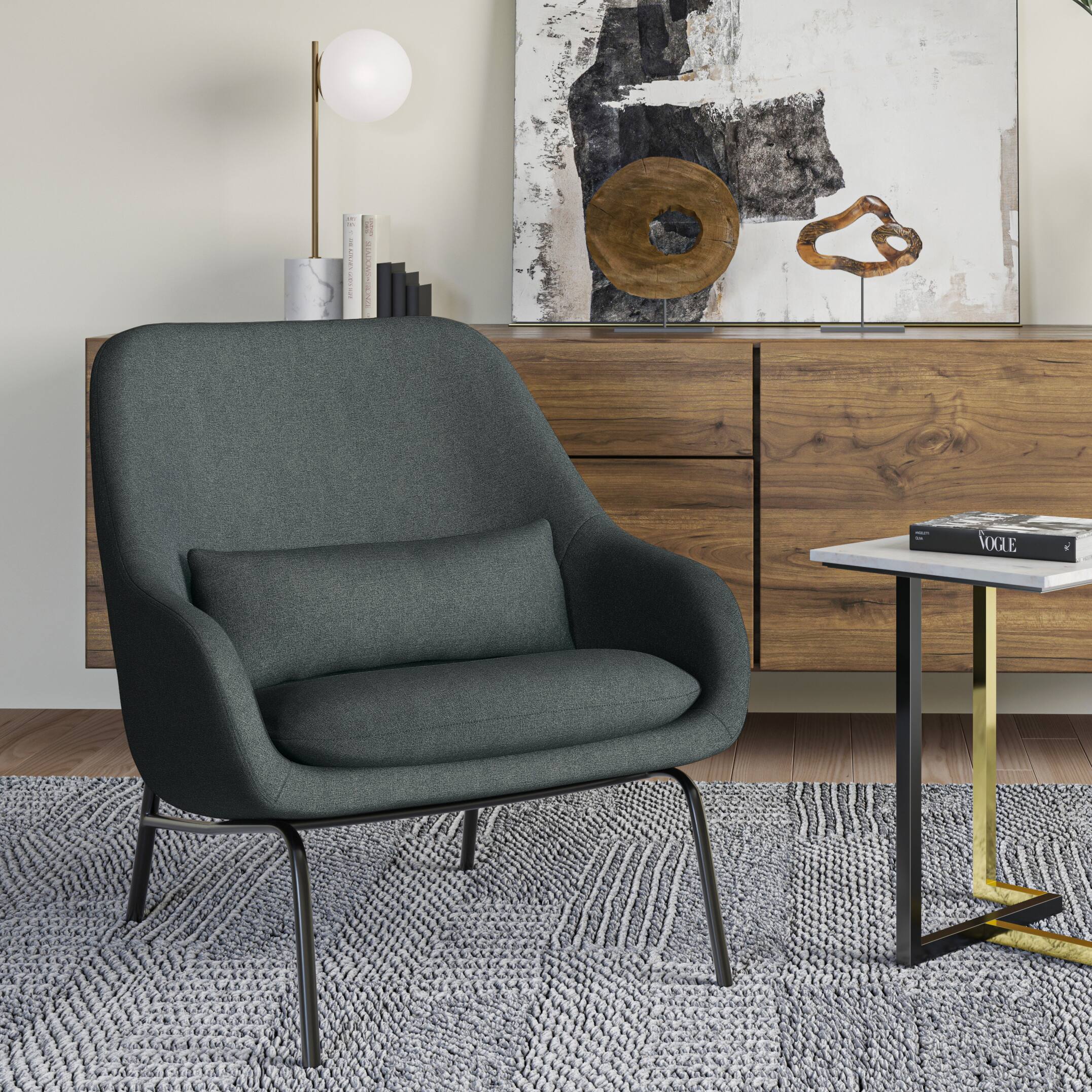 Angle. Simpli Home - Elmont 30 inch Wide Mid Century Modern Accent Chair in Steel Grey Linen fabric - Steel Grey.