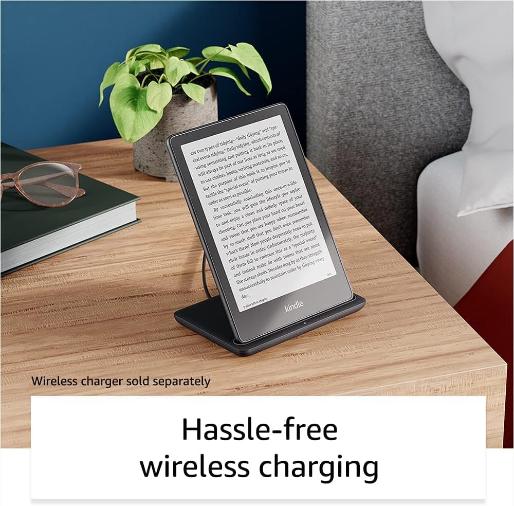 Hassle-free wireless charging is a feature of the Kindle Wireless Charger, which is sold separately. This charger allows you to charge your device without the need for cords or cables, providing a convenient and clutter-free charging solution. The charger is compatible with the Kindle Paperwhite, and it can be used with a case on or off. By using this wireless charger, you can enjoy the benefits of wireless charging while also keeping your device charged and ready for use.