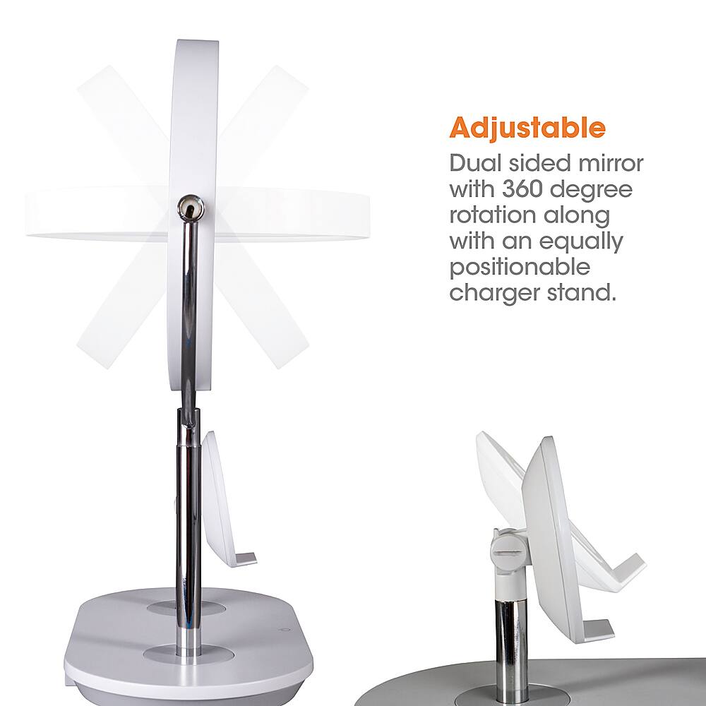 Adjustable Dual Sided Mirror with 360 Degree Rotation and Equally Positionable Charger Stand.