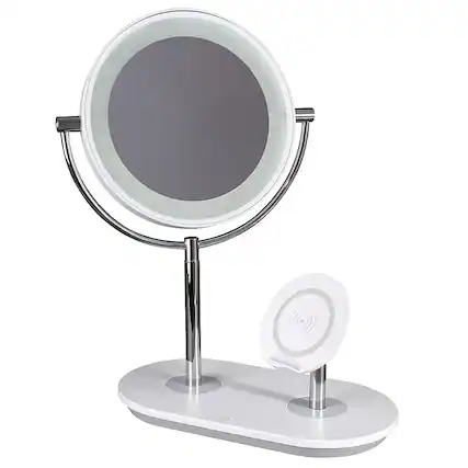 Front. OttLite - 320 Lumen LED Makeup Mirror with Qi Charging - Silver/White.