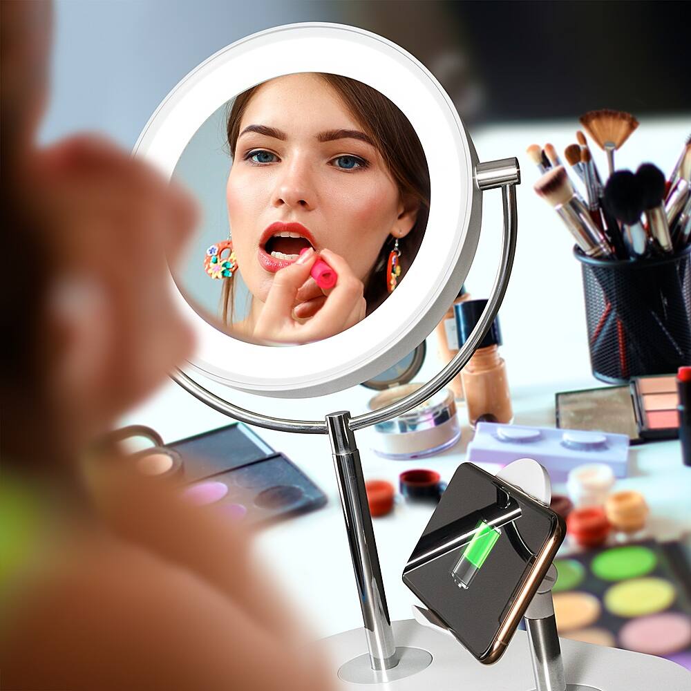 Alt View 36. OttLite - 320 Lumen LED Makeup Mirror with Qi Charging - Silver/White.