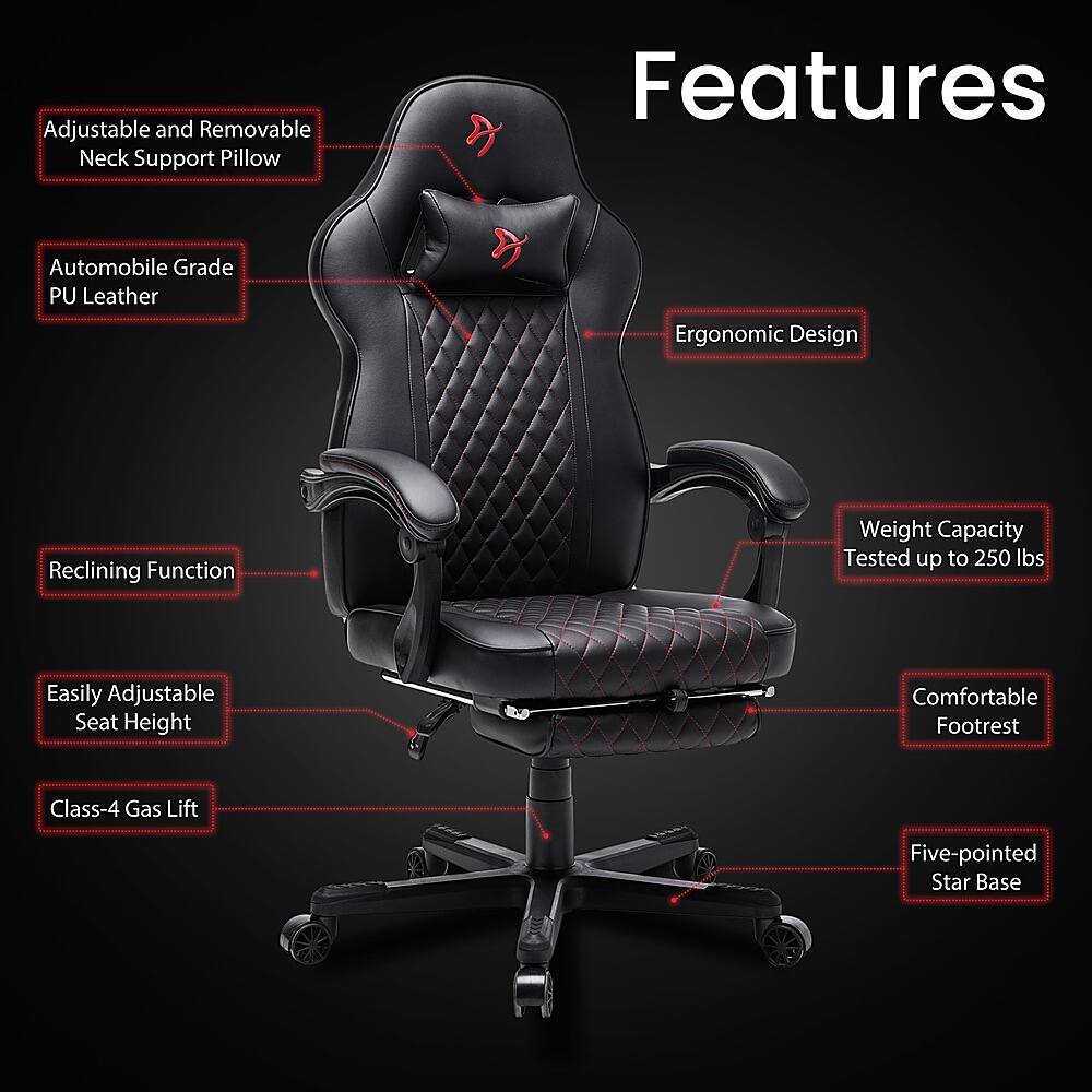 Features: Adjustable and Removable Neck Support Pillow, Automobile Grade PU Leather, Ergonomic Design, Reclining Function, Weight Capacity Tested up to 250 lbs, Easily Adjustable Seat Height, Comfortable Footrest, Class-4 Gas Lift, Five-pointed Star Base.