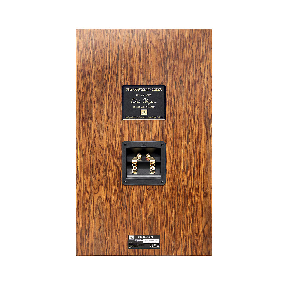 Back View: JBL L100 Classic 75 – 12-inch, 3-way Bookshelf Loudspeaker – Anniversary Edition - Real Teak Wood Veneer with Black Grilles