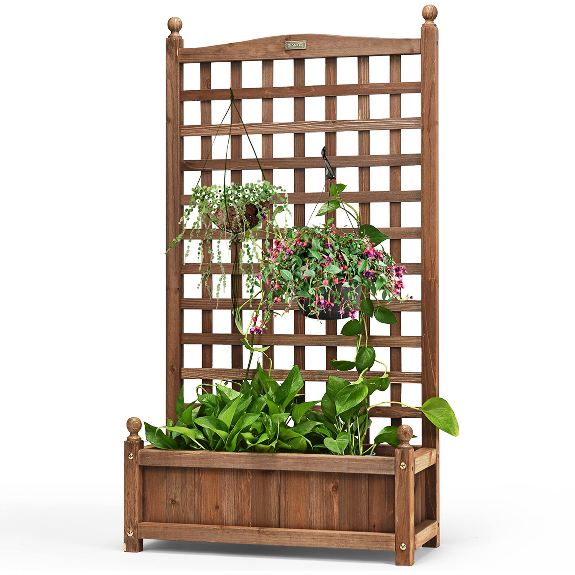 Alt View 4. Costway - 2 PCS Solid Wood Planter Box with Trellis Weather-Resistant 25"x11"x48" - Dark brown.