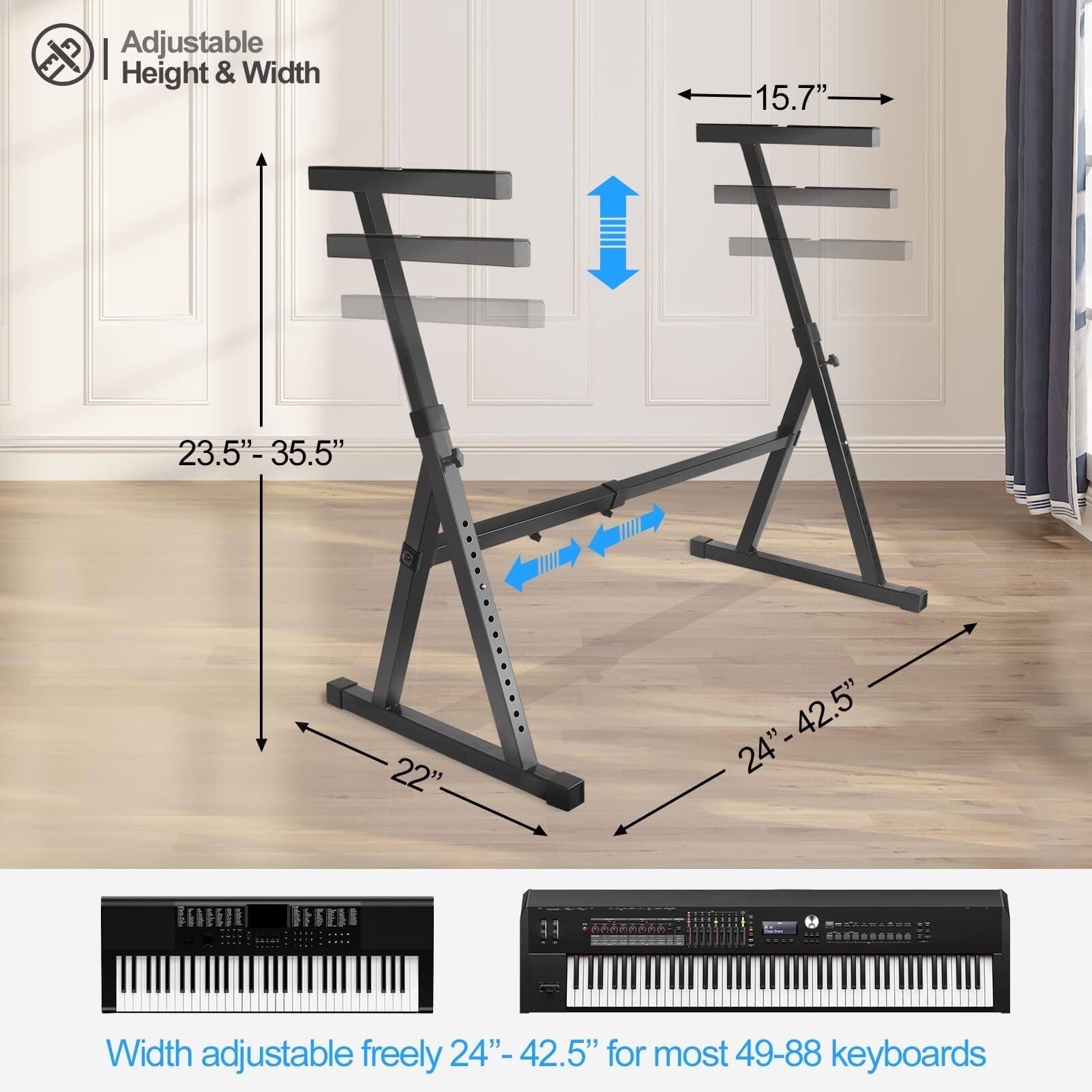 Adjustable Height & Width

- Height: 23.5" - 35.5"
- Width: 15.7" - 22"
- Width adjustable freely: 24" - 42.5" for most 49-88 keyboards
