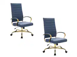 LeisureMod - Set of 2 Benmar High-Back Leather Conference Desk Office Chair with Gold Frame, Adjustable, Swivel and Tilt - Navy Blue