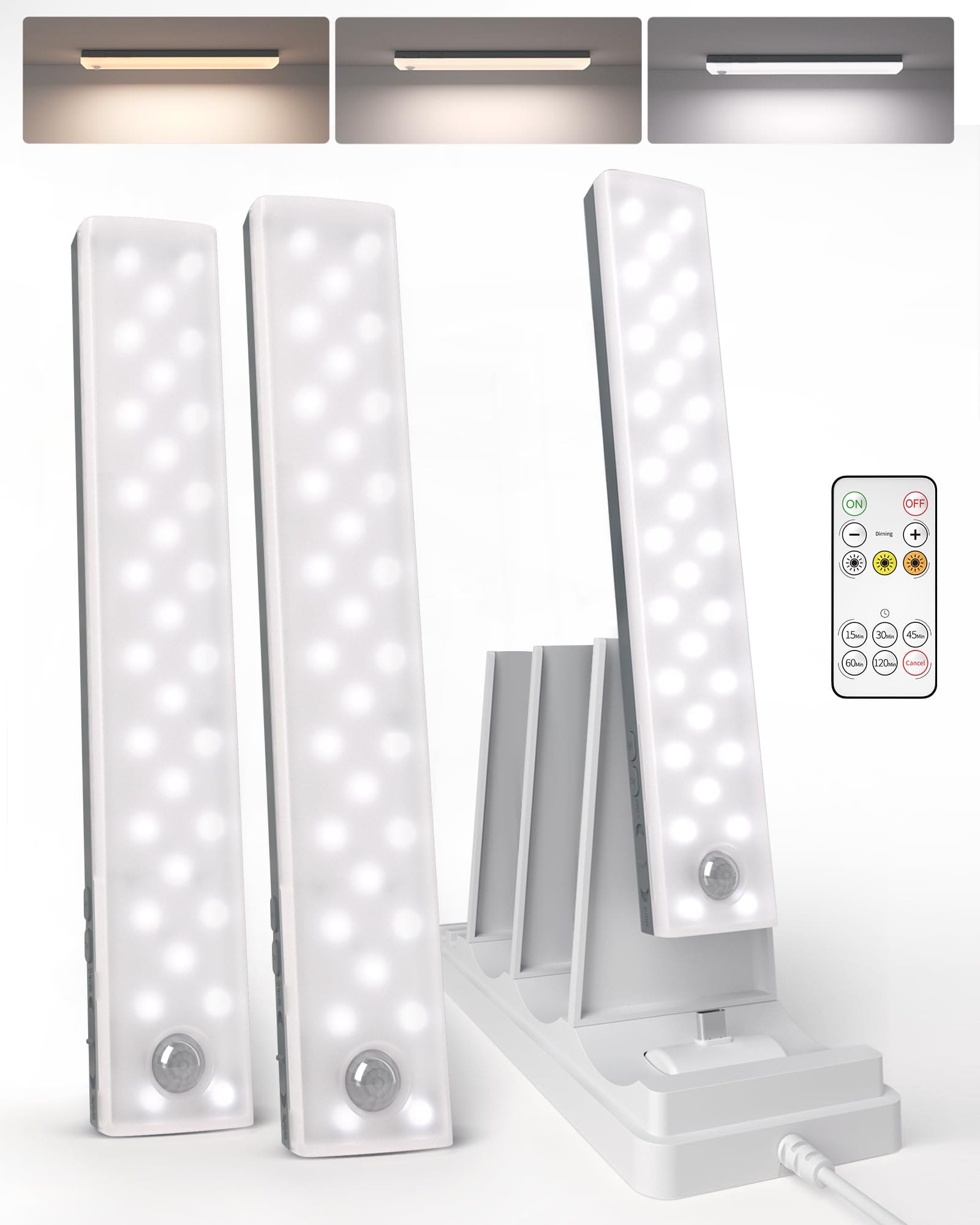 EZVALO - Under Cabinet Lighting Wireless Motion Sensor with Remote-3 Color Temps-3 Pack-23 cm-Grey + USB Charging Dock - White