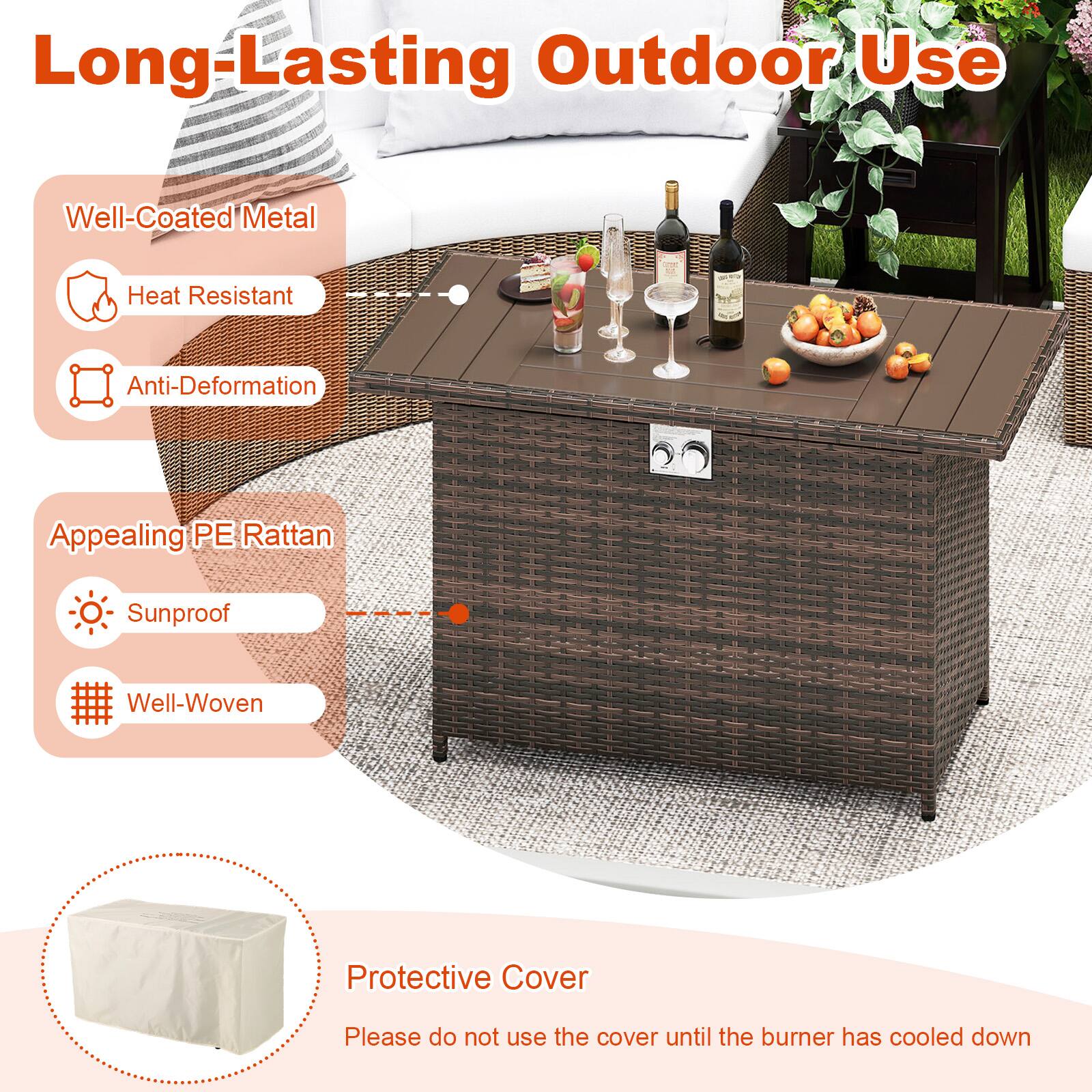 Long-Lasting Outdoor Use

- Well-Coated Metal
  - Heat Resistant
  - Anti-Deformation

- Appealing PE Rattan
  - Sunproof
  - Well-Woven

Protective Cover
Please do not use the cover until the burner has cooled down