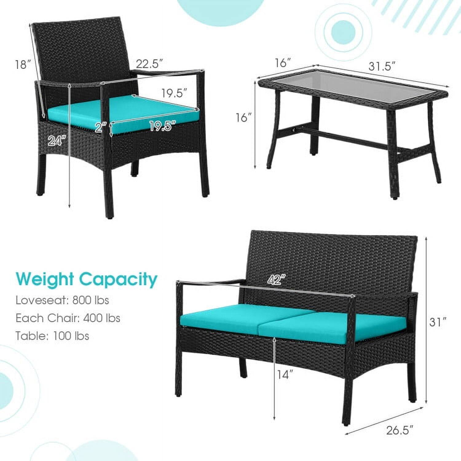 18" 22.5" 16" 31.5" 19.5" 24" 2" 19.5" 16"  
Weight Capacity:  
Loveseat: 800 lbs  
Each Chair: 400 lbs  
Table: 100 lbs  
42" 31" 14" 26.5"