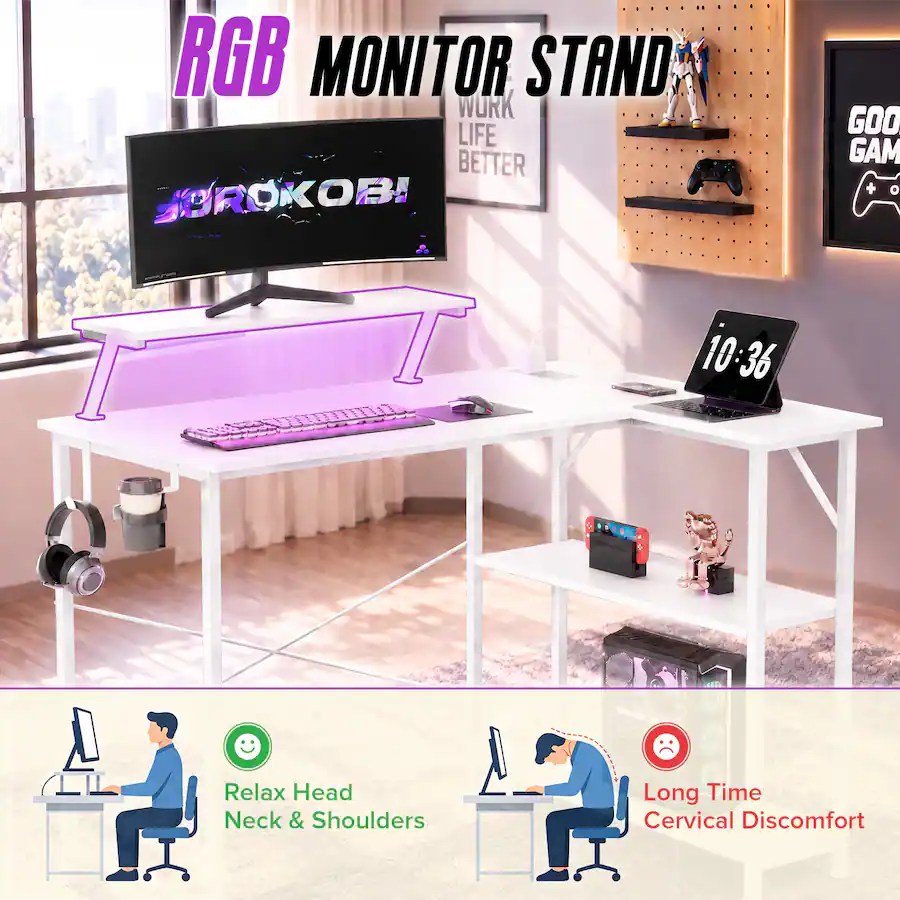 Gaming Led Cpu GTPlayer L Shaped Gaming Desk with Power Outlets LED Lights 42