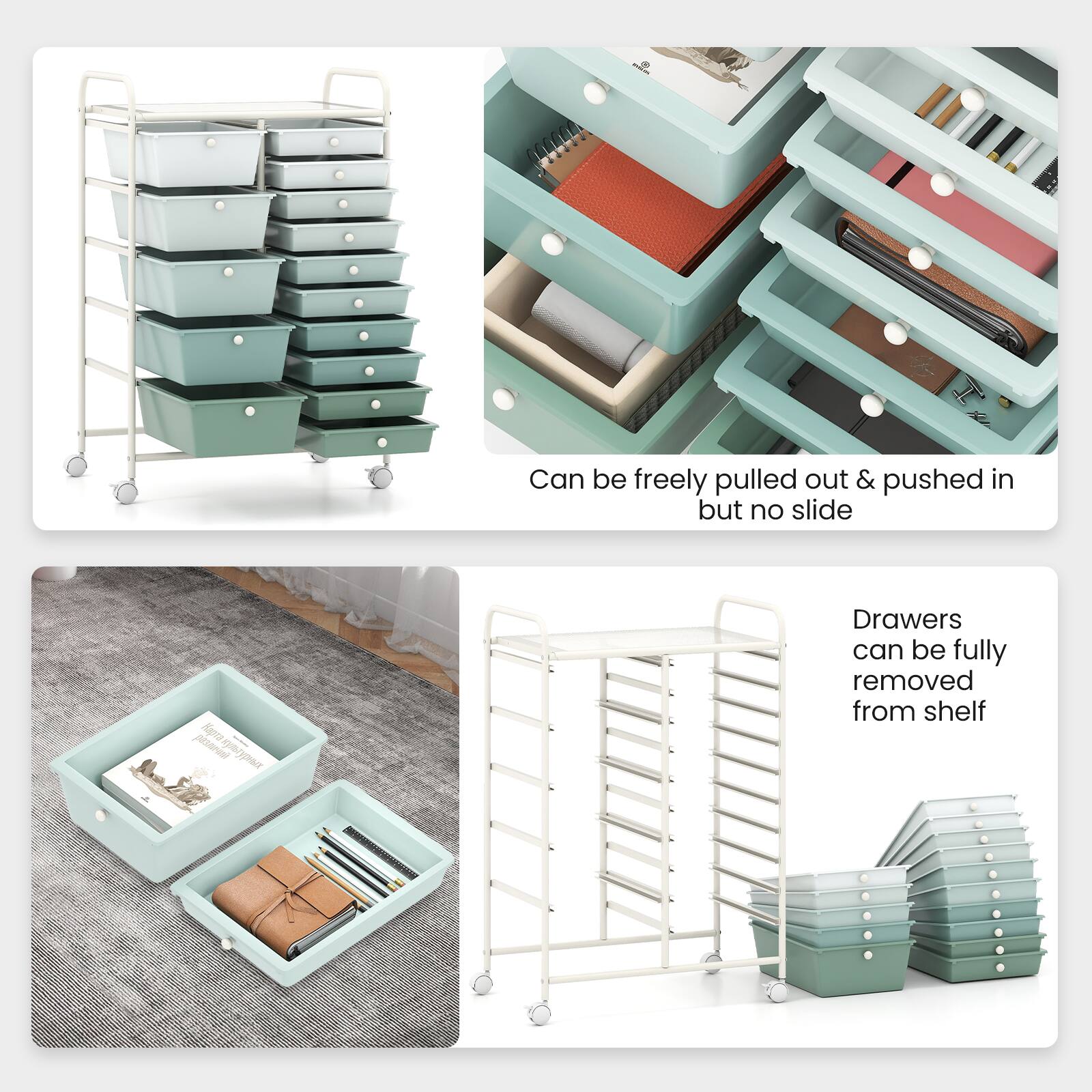 Can be freely pulled out & pushed in but no slide

Drawers can be fully removed from shelf