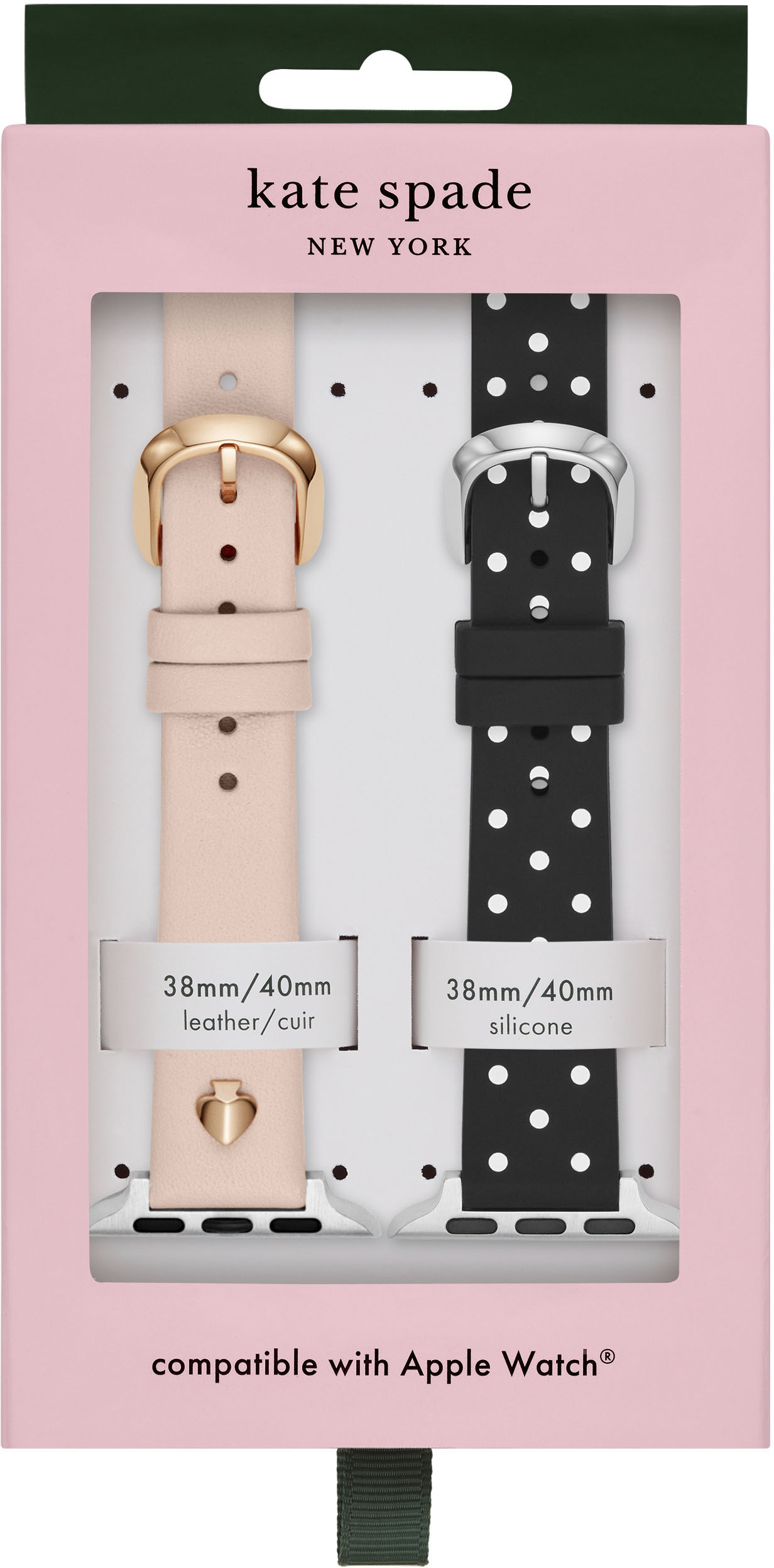 Left View: Kate Spade New York Blush Leather and Black Dot Silicone 38/40mm Gift Set for Apple Watch® - Blush and Black