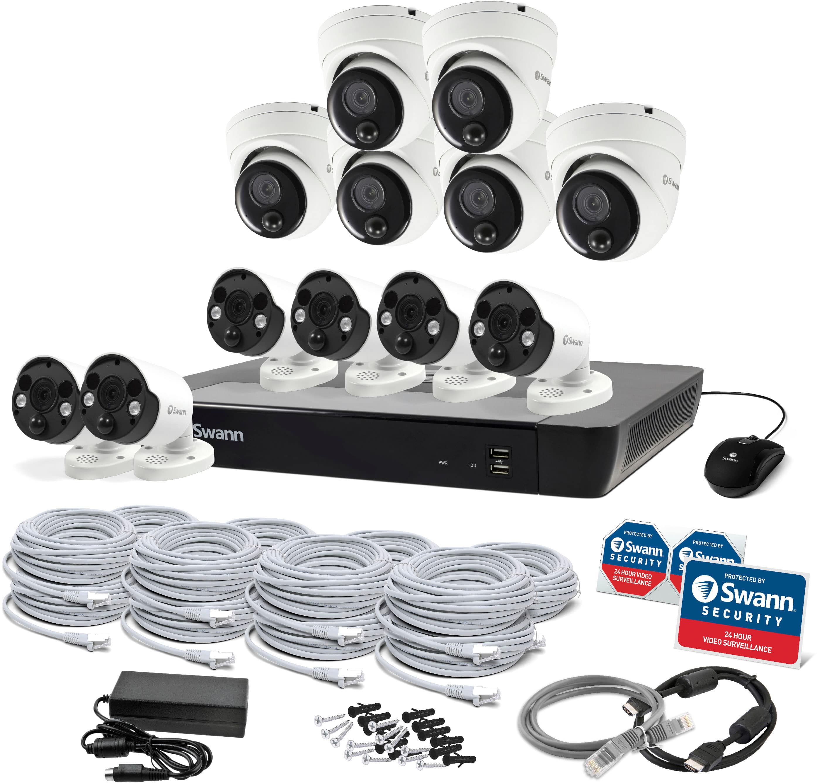 Angle View: Swann - Pro 4K, 16-Channel, 6-Bullet & 6-Dome Camera Indoor/Outdoor PoE Wired 4K UHD 2TB HDD NVR Security Surveillance System - White