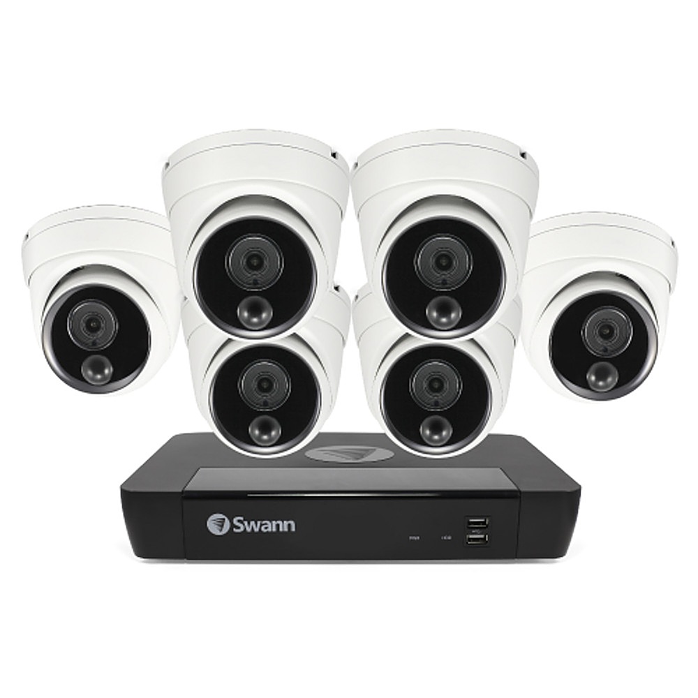 Left View: Swann - 8 Channel 2TB NVR, 4 x 4K PoE Cameras, w/Dual LED Spotlights, Color Night Vision & Free Face Detection - Black/White