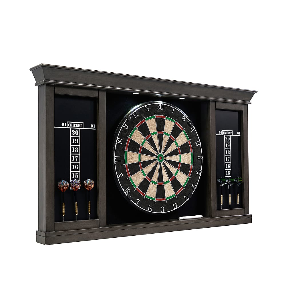 Front. Barrington - Palmer Wood Dartboard LED Display Cabinet With 18” Bristle Dartboard and Steel Tip Dart Set - Brown/Black.