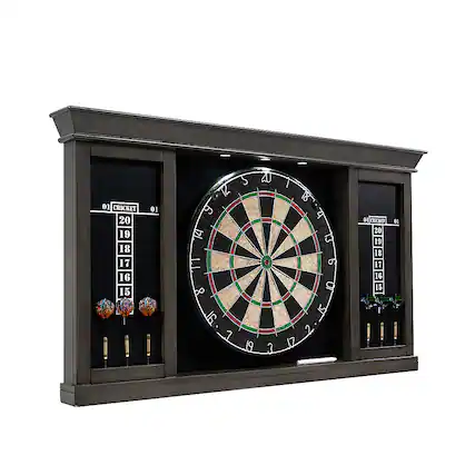 Front. Barrington - Palmer Wood Dartboard LED Display Cabinet With 18” Bristle Dartboard and Steel Tip Dart Set - Brown/Black.