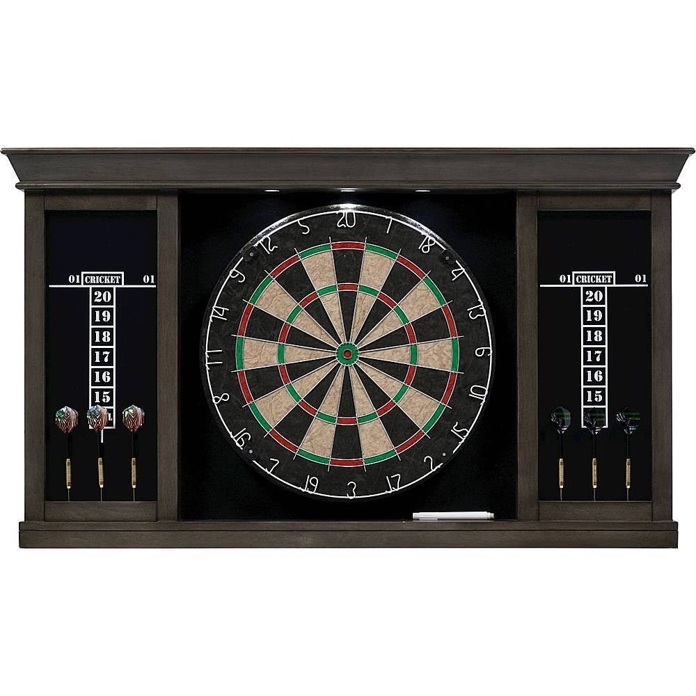 Angle. Barrington - Palmer Wood Dartboard LED Display Cabinet With 18” Bristle Dartboard and Steel Tip Dart Set - Brown/Black.