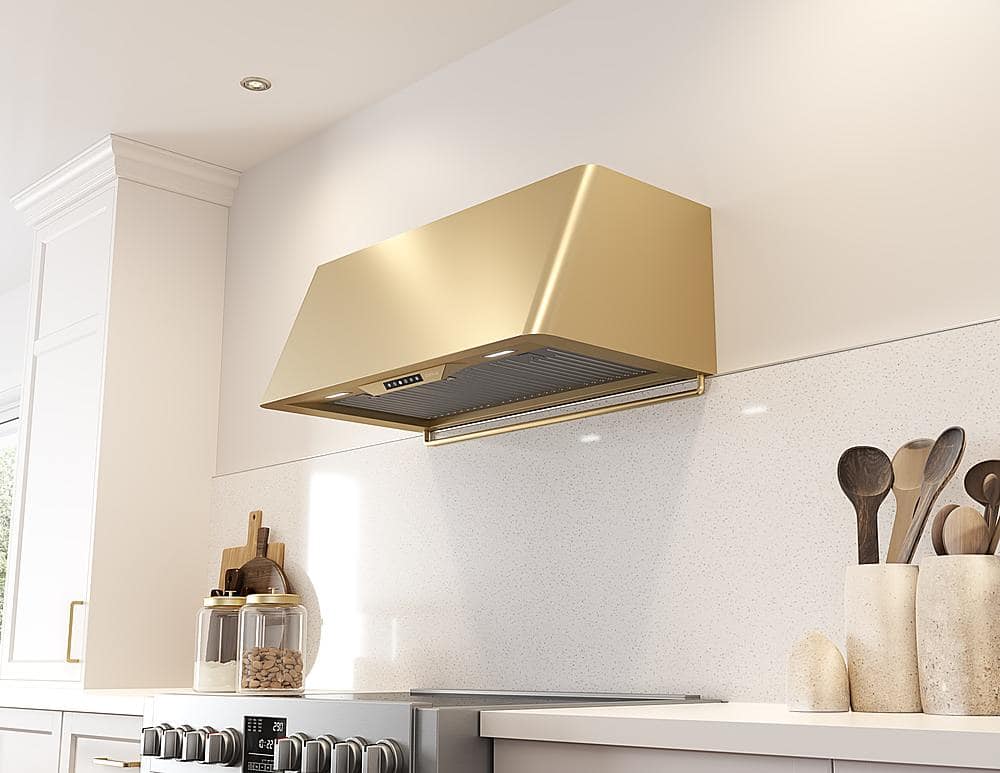 Angle. Zephyr - Accent Rail for DME Range Hood - Satin Gold.