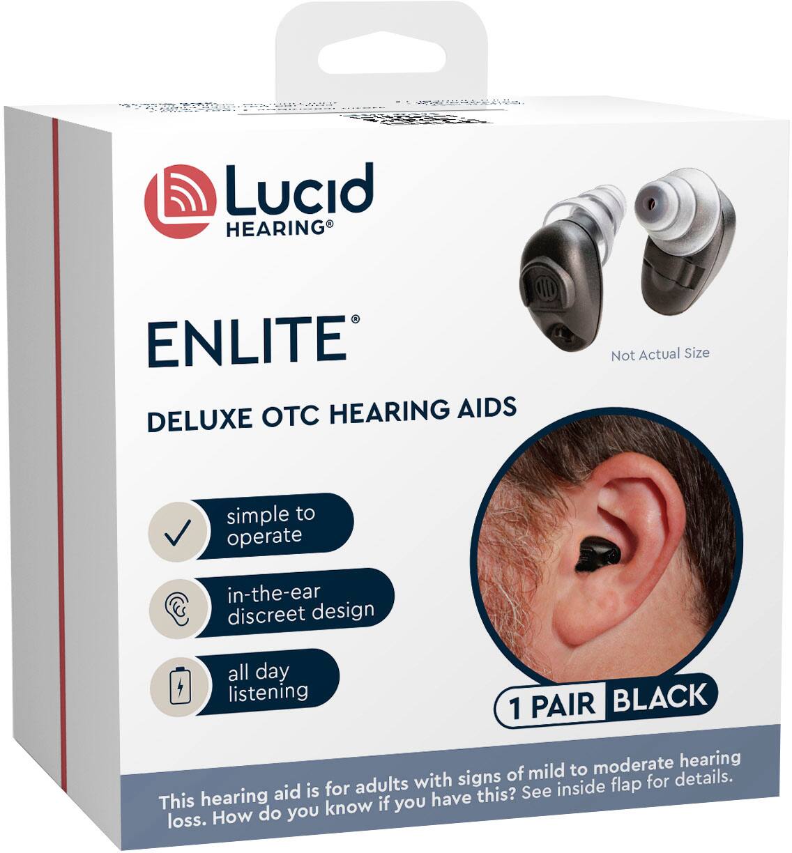 The image shows a box containing a pair of black Lucid ENLITE C hearing aids. The box is labeled with the product name and features a picture of a man's ear. The hearing aids are designed for individuals with mild to moderate hearing loss and are simple to operate. They have an in-the-ear discreet design, making them suitable for daily use. The box also contains a flap that provides more information about the product.