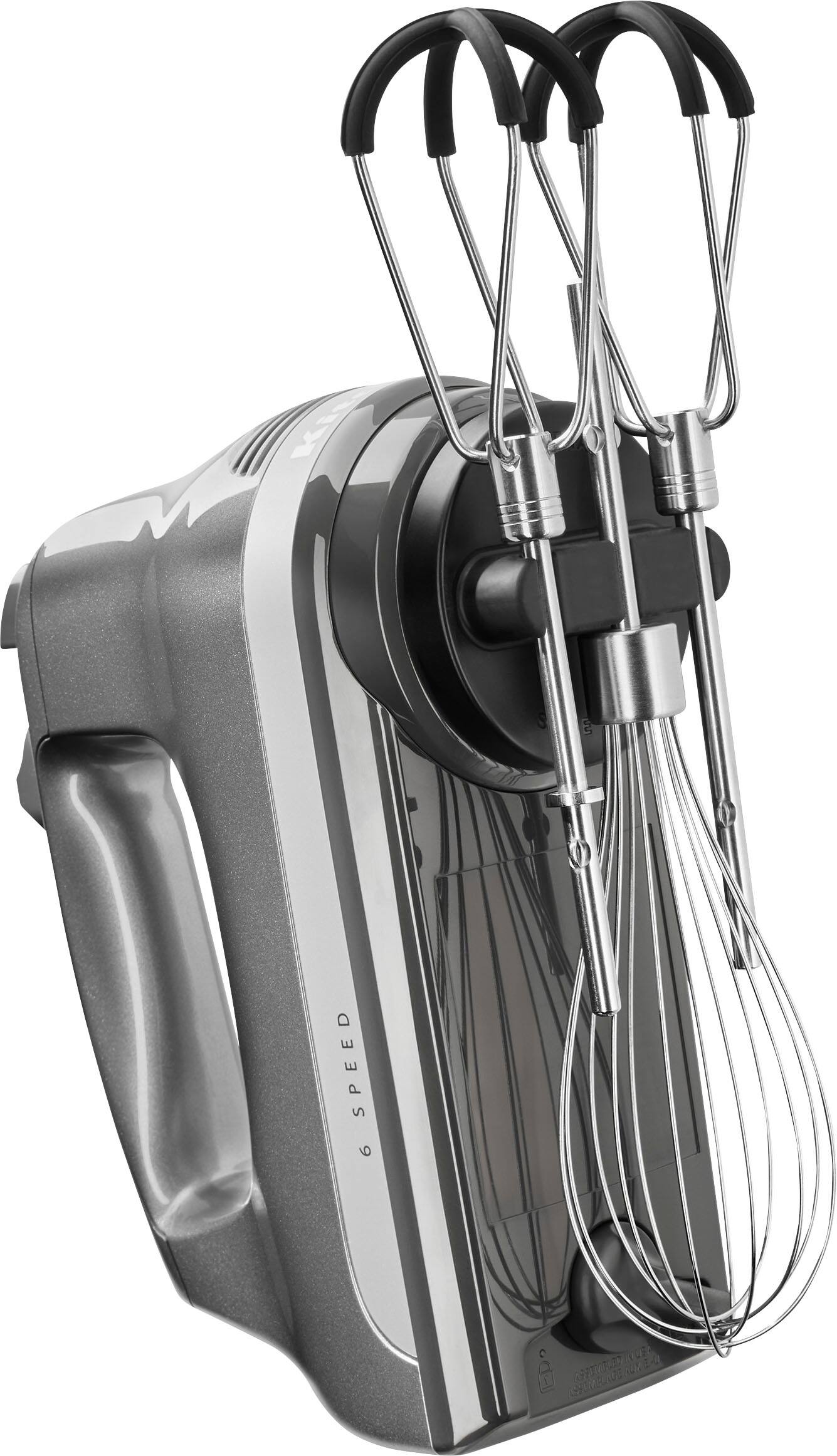 Left. KitchenAid - 6 Speed Hand Mixer with Flex Edge Beaters - KHM6118 - Contour Silver.