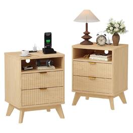 GARVEE - 2pcs Modern Fluted Nightstand with USB Charging Station & Outlets, Wood Bedside Table with 2 Drawers - Natural Oak