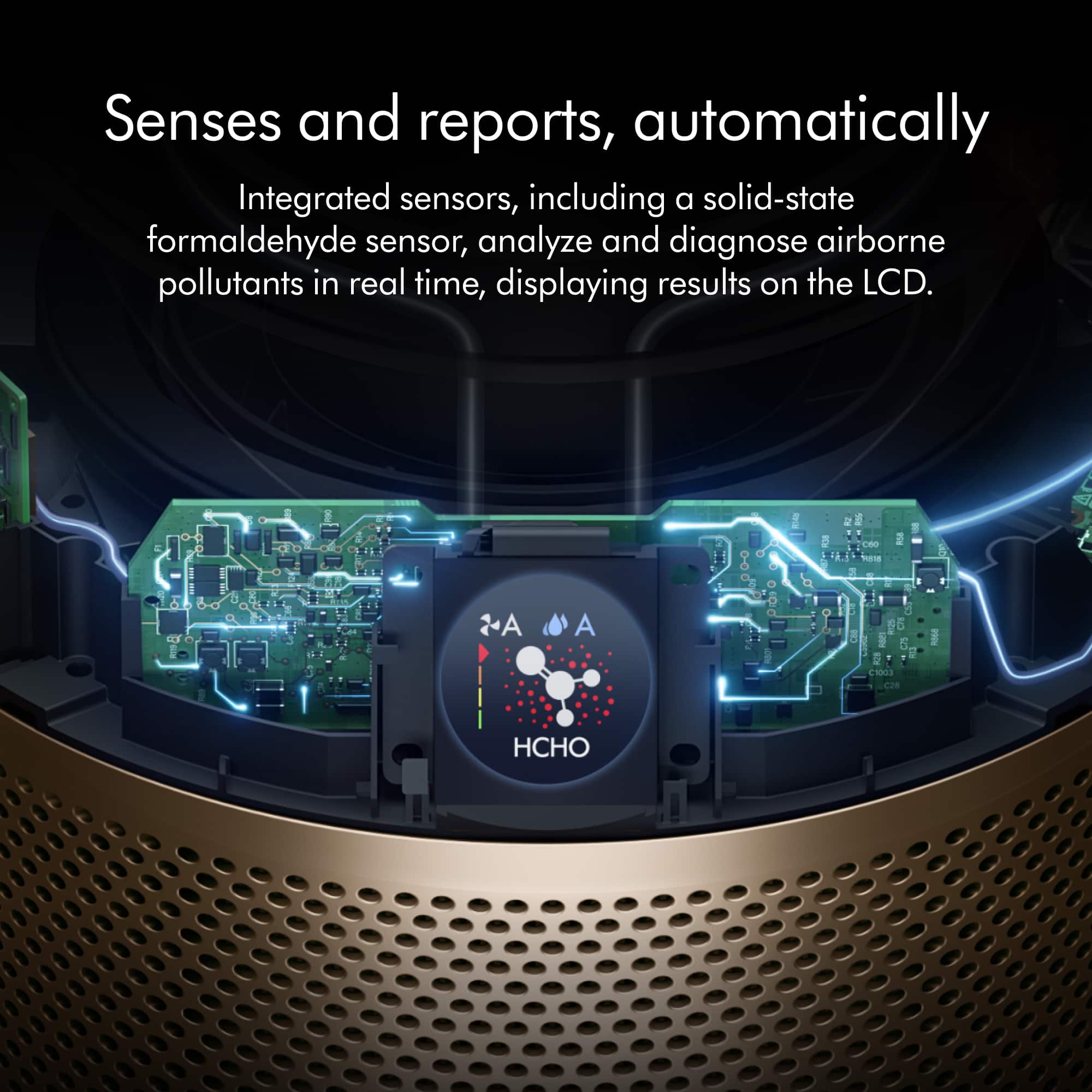 The image showcases a device with a display screen that has a formaldehyde sensor integrated into it. The sensor automatically analyzes and diagnoses airborne pollutants in real-time, displaying the results on the LCD. The device is designed to provide users with a sense of the air quality and pollutants present in their environment, helping them make informed decisions about their health and well-being.