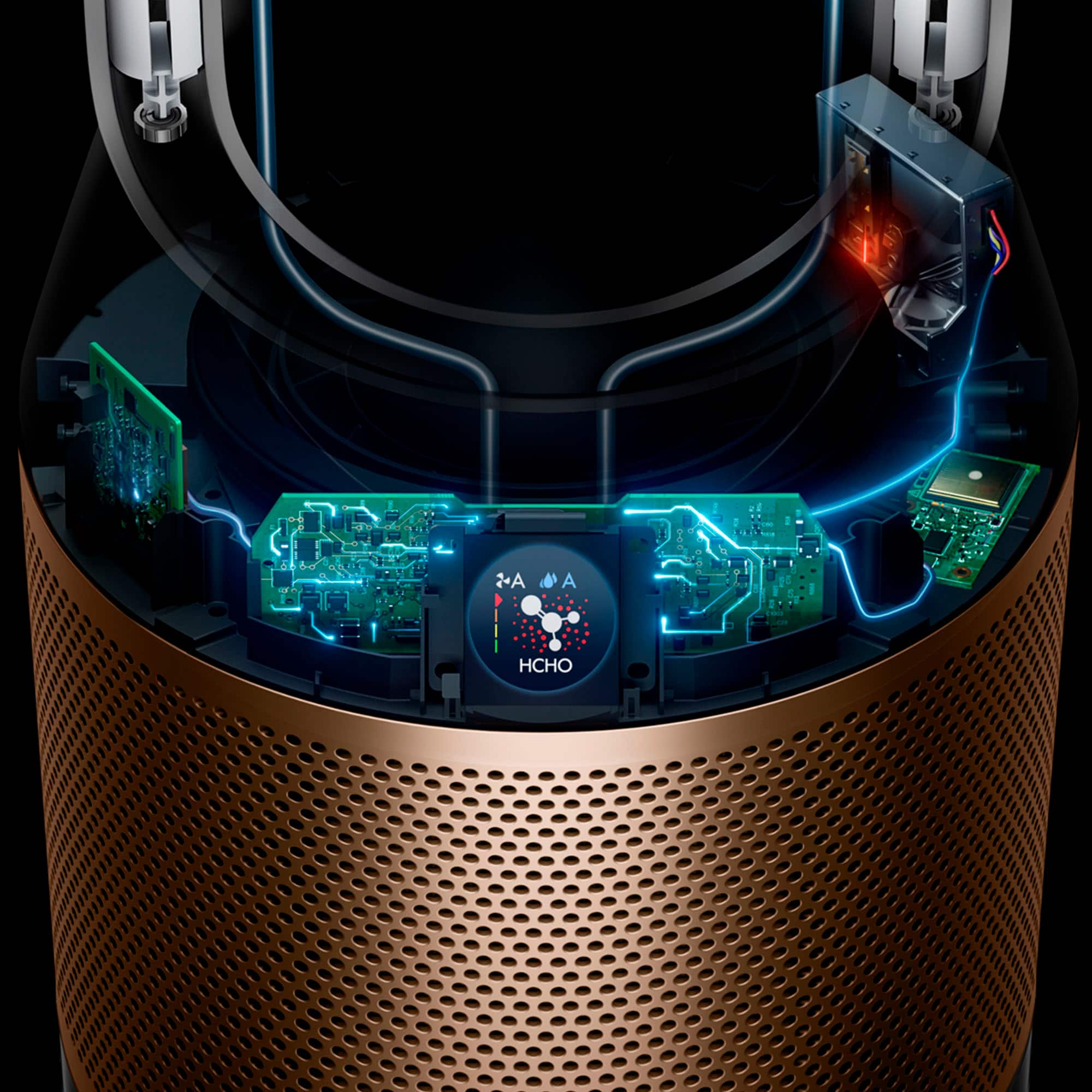 The image features a Dyson air purifier that is designed to detect and destroy formaldehyde. The air purifier uses a catalytic filter that continuously traps and breaks down formaldehyde molecules, ensuring that they never need to be replaced. This innovative technology helps to improve indoor air quality and reduce the presence of harmful formaldehyde molecules.