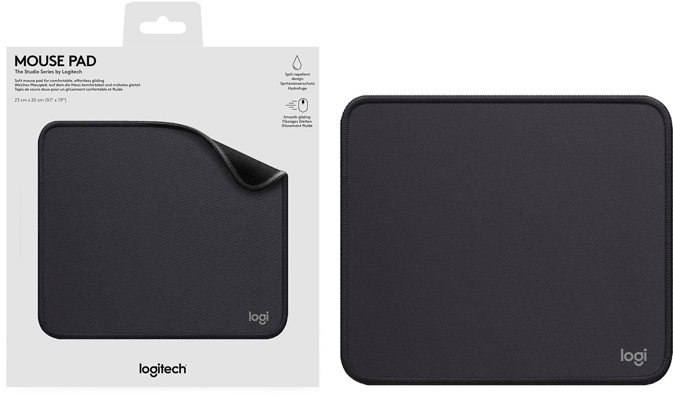The image features a mouse pad and a mouse pod by Logitech. The mouse pad is designed for comfortable and effortless gliding, while the mouse pod provides a soft and smooth surface for the mouse to glide on. The mouse pad is also water-resistant, ensuring that it remains functional even if it comes into contact with water. The image showcases the mouse pad and mouse pod in a white background, highlighting their features and design.