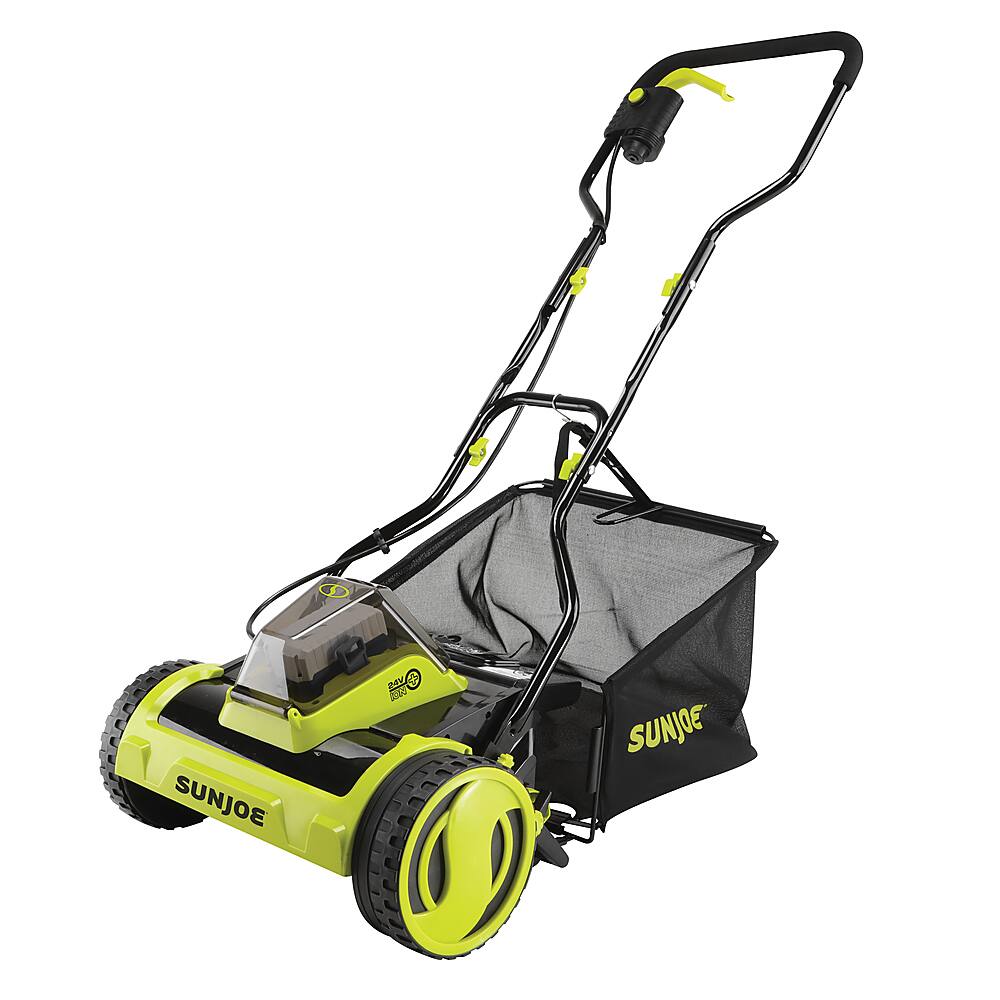 Angle. Snow Joe - 24-Volt 15-Inch Push Lawn Mower (1 x 4.0Ah Battery and 1 x Charger) - Blue.
