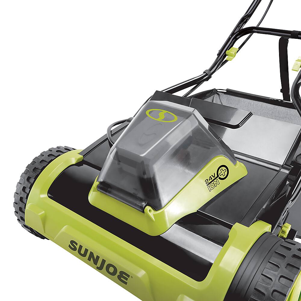 Left. Snow Joe - 24-Volt 15-Inch Push Lawn Mower (1 x 4.0Ah Battery and 1 x Charger) - Blue.