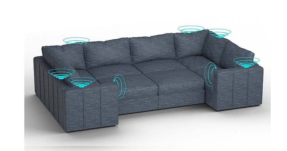 Angle View: Lovesac - 8 Seats + 10 Sides Rained Chenille & Lovesoft with 6 Speaker Immersive Sound + Charge System - Vintage Blue