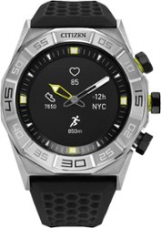 Citizen - CZ Smart 44mm Stainless Steel Case Hybrid Heart Rate Smartwatch Silicone Strap - Black - Front_Zoom