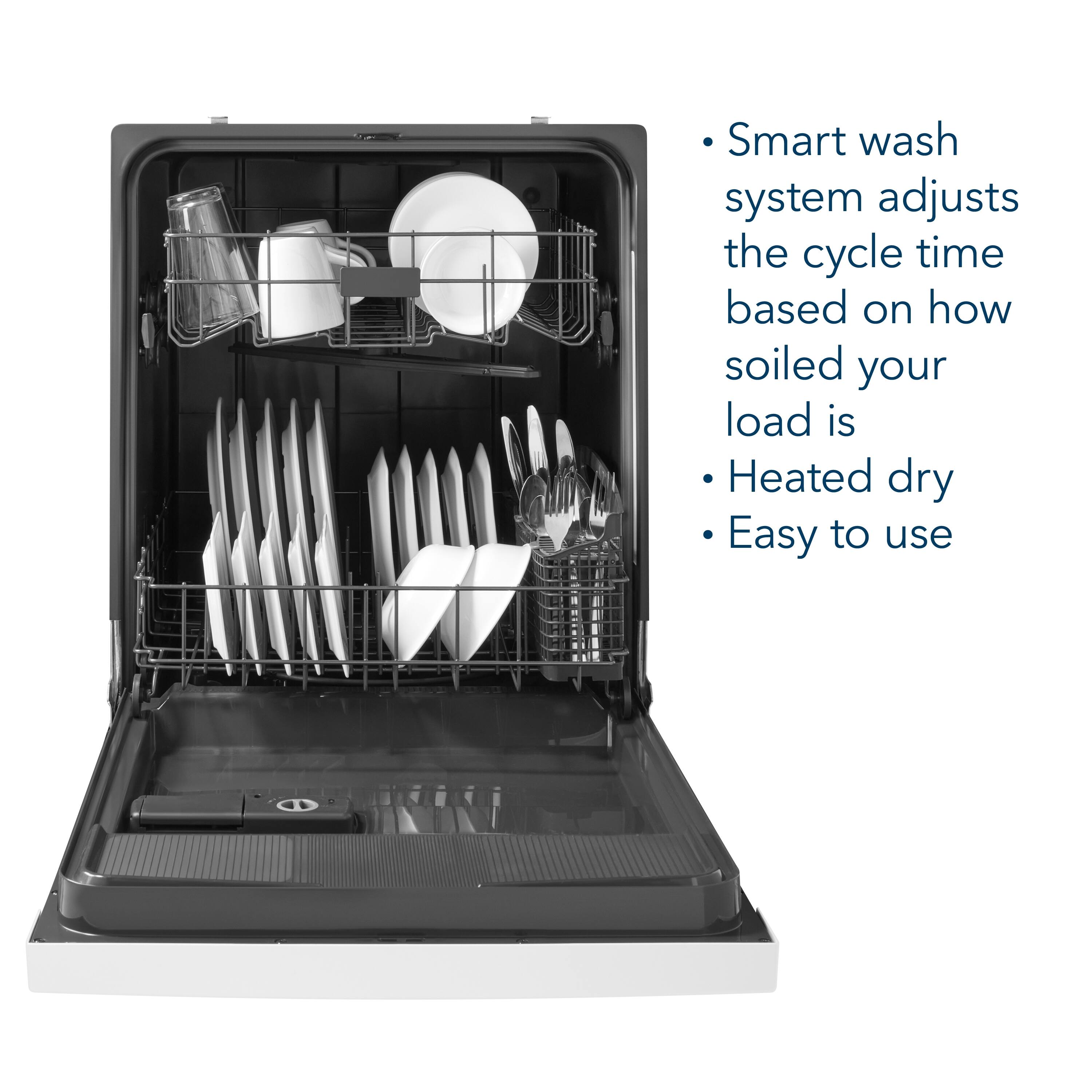 - Smart wash system adjusts the cycle time based on how soiled your load is
- Heated dry
- Easy to use