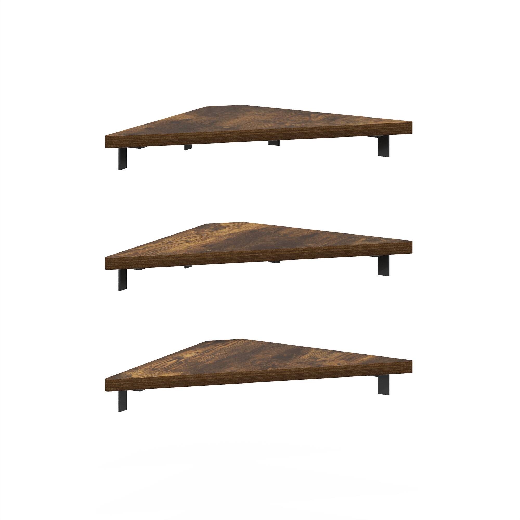 Front. Furinno - Rossi Triangle Corner Floating Shelves, Wall Mount Display Shelf, Set of 3 - Amber Pine.