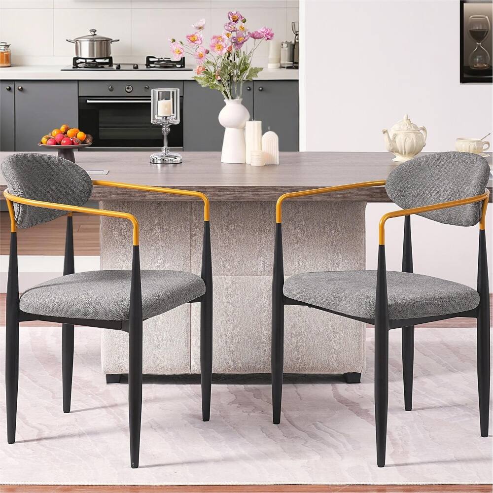 Alt View 1. Loheer - Loheer Modern Upholstered Dining Chairs Set of 2 Grey Fabric Ergonomic Seat Black Metal Frame Gold Armrests - Grey.