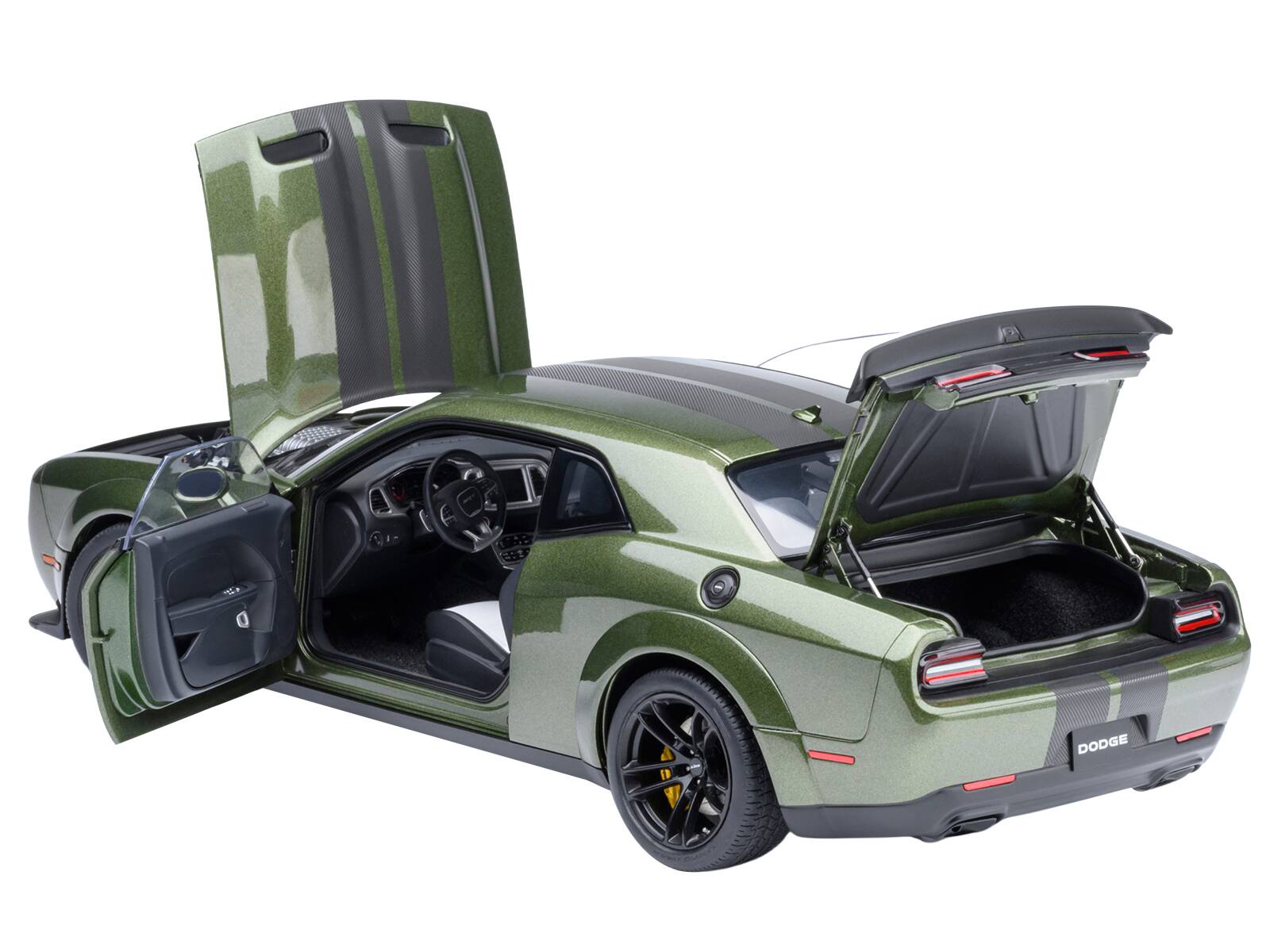 Angle. Autoart - 2022 Dodge Challenger SRT Jailbreak F8 Green with Carbon Stripes 1/18 Model Car by Autoart - Green with Carbon Stripes.