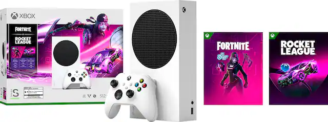 Front. Microsoft - Xbox Series S – Fortnite & Rocket League Bundle (Disc-free Gaming) - White.