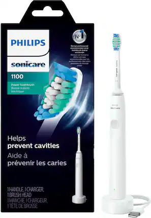 Angle. Philips Sonicare - 1100 Power Toothbrush, Rechargeable Electric Toothbrush - White Grey.