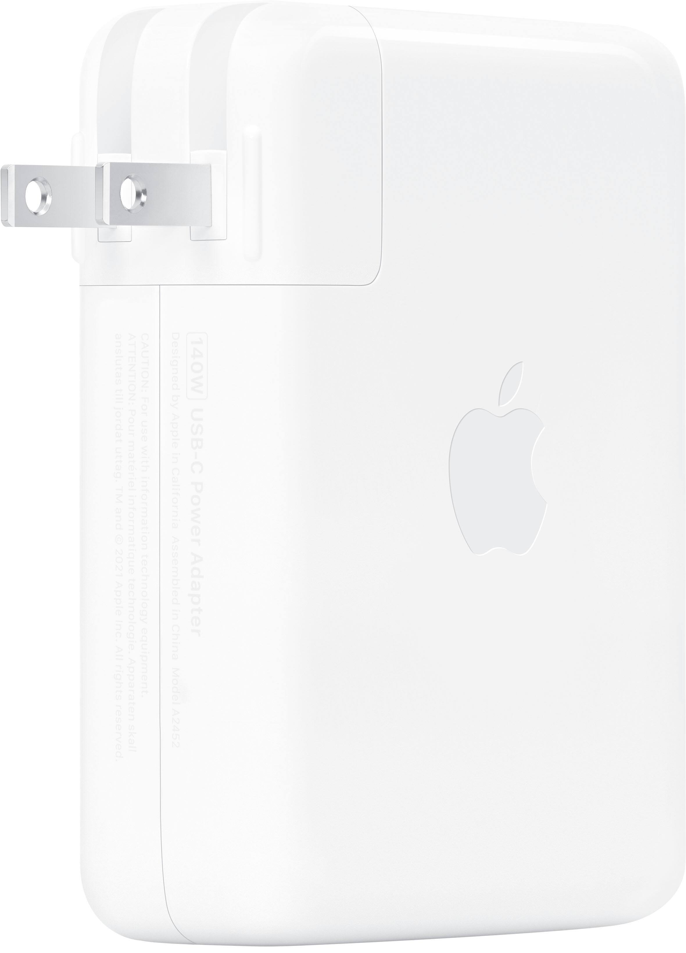 The text on the image reads: "USB-C Power Adapter 140W - Designed by Apple in California - Assembled in China - Model A2452."