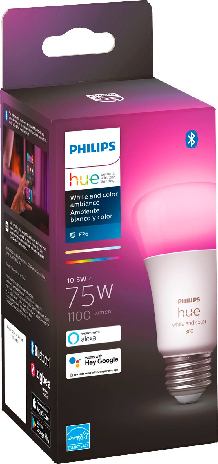 Alt View 12. Philips - Geek Squad Certified Refurbished Hue A19 Bluetooth 75W Smart LED Bulb - White and Color Ambiance.