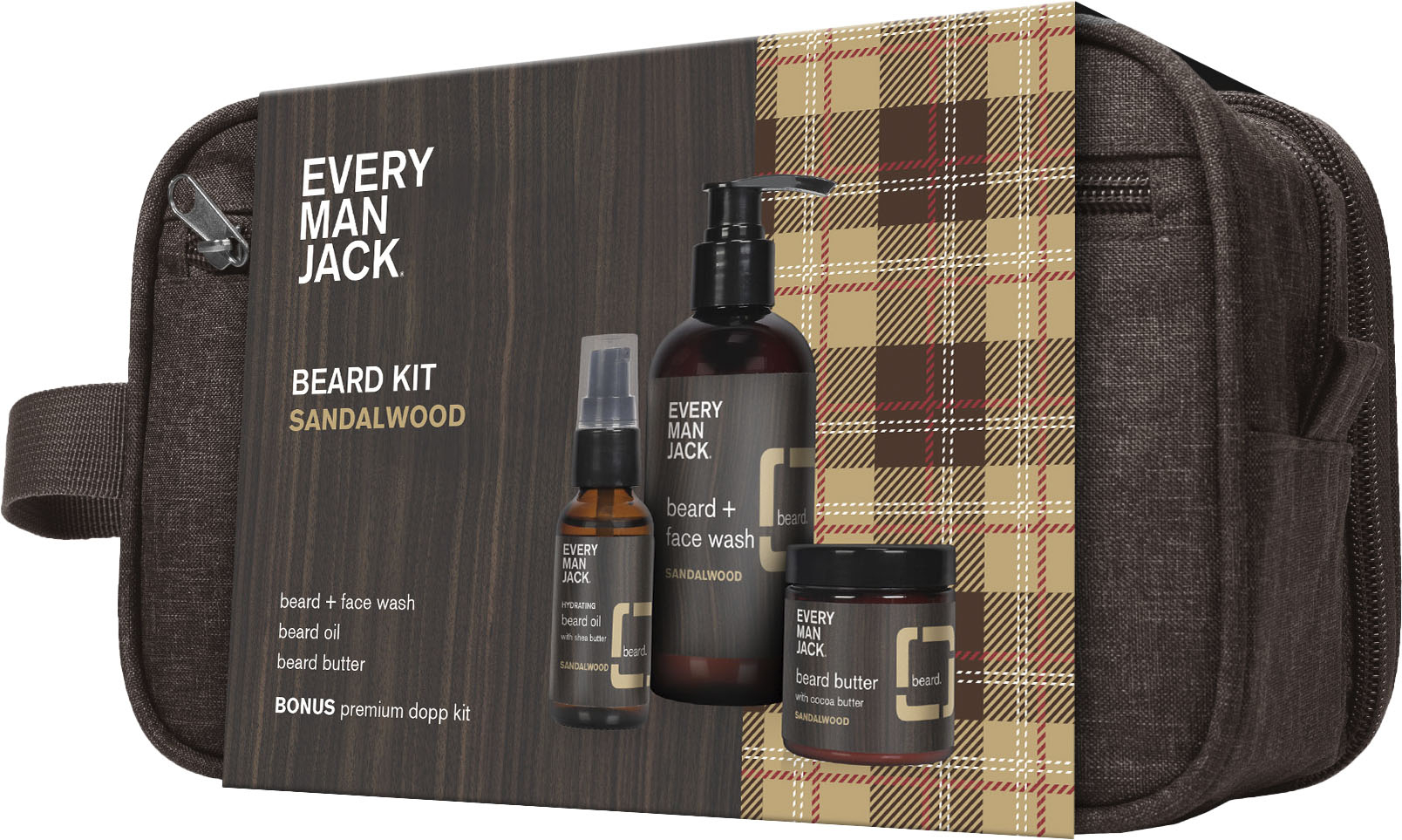 Every Man Jack - Sandalwood Beard Kit with Beard & Face Wash, Beard Oil, Beard Butter, & Dopp Bag - Brown