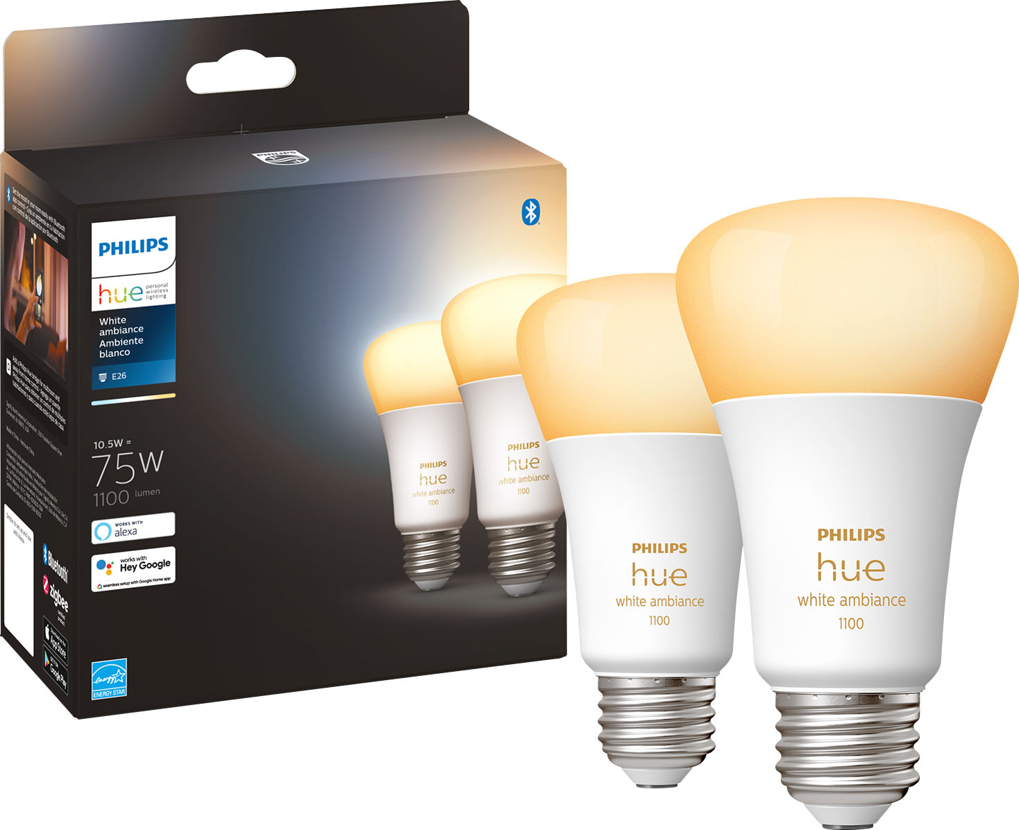 Monet Vereniging Naschrift Philips Geek Squad Certified Refurbished Hue White Ambiance A19 Bluetooth  75W Smart LED Bulbs (2-pack) GSRF 563346 - Best Buy