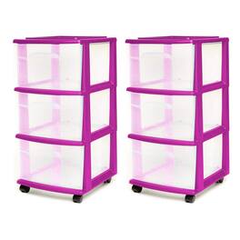 Homz - Plastic 3 Drawer Medium Storage Container Tower, Purple Frame (2 Pack)