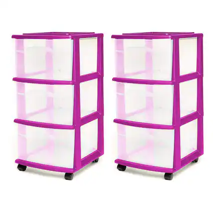 Front. Homz - Homz Plastic 3 Drawer Medium Storage Container Tower, Purple Frame (2 Pack).