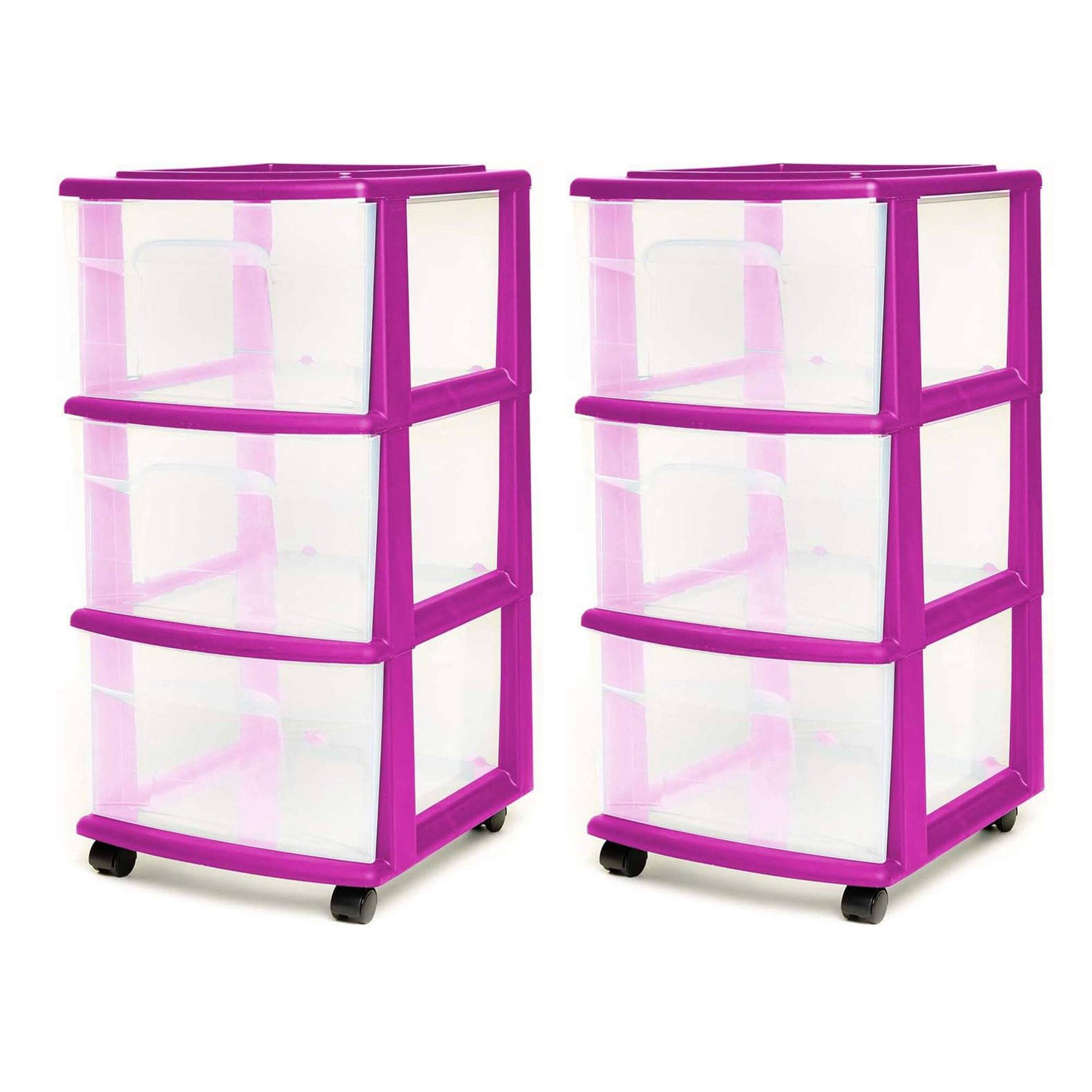 Front. Homz - Homz Plastic 3 Drawer Medium Storage Container Tower, Purple Frame (2 Pack).
