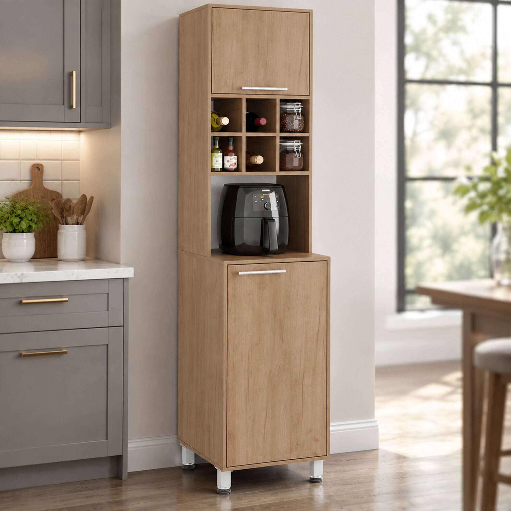 Front. RYHNUYNE - Freestanding 80 Inch Double Door Kitchen Pantry Cabinet with 6 Cubbies and 4 Interior Shelves, Tall Storage - Light Oak.