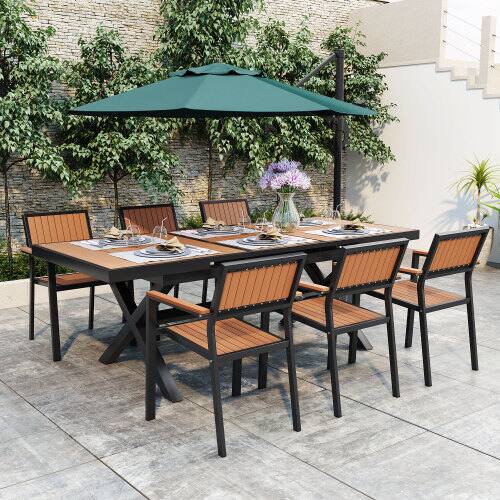 Left. Mondawe - 7-Piece Outdoor Dining Set with 6 Chairs and Extendable Table - Black+Natural.