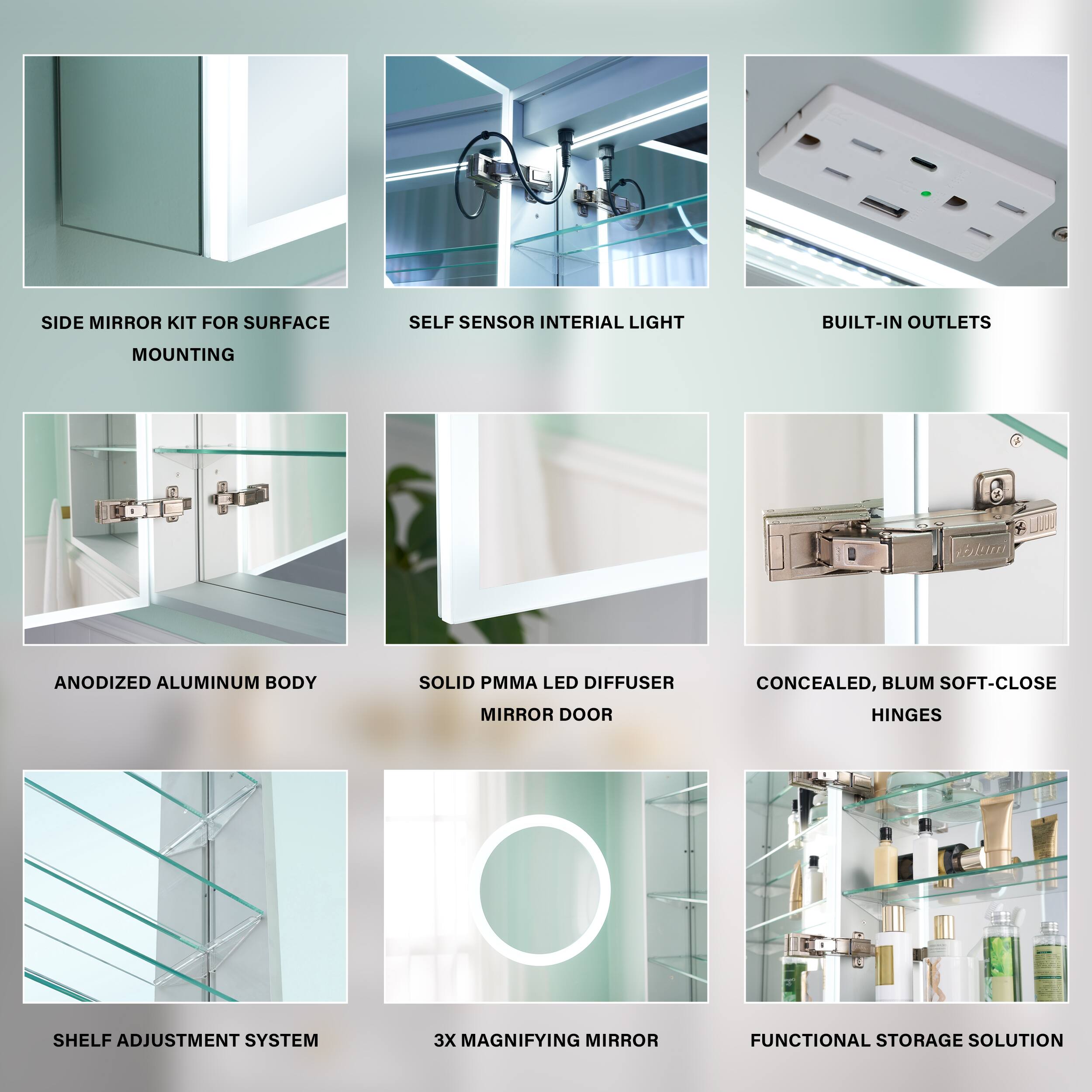 SIDE MIRROR KIT FOR SURFACE SELF SENSOR INTERIAL LIGHT BUILT-IN OUTLETS MOUNTING ANODIZED ALUMINUM BODY SOLID PMMA LED DIFFUSER MIRROR DOOR CONCEALED, BLUM SOFT-CLOSE HINGES SHELF ADJUSTMENT SYSTEM 3X MAGNIFYING MIRROR FUNCTIONAL STORAGE SOLUTION