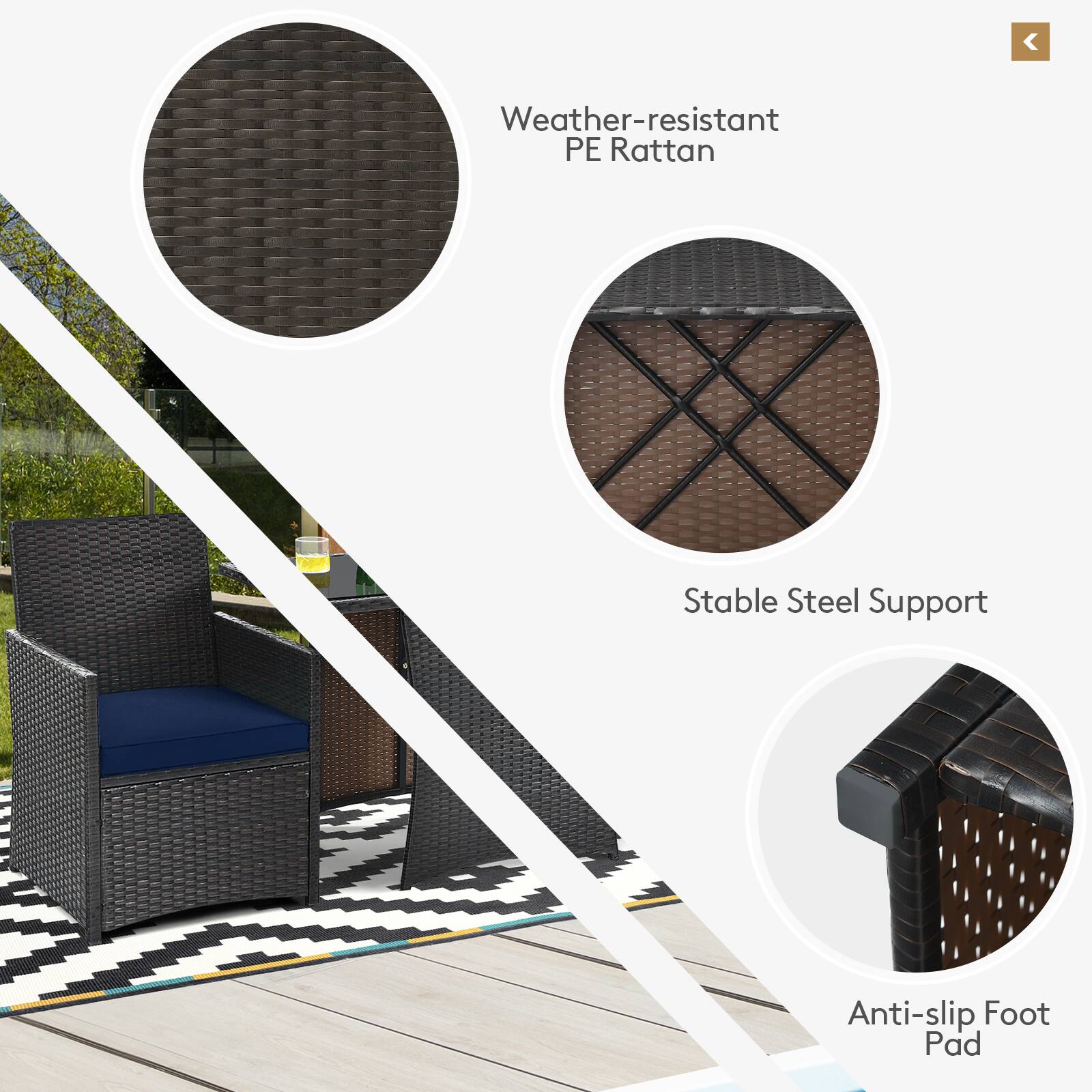 Weather-resistant PE Rattan, Stable Steel Support, Anti-slip Foot Pad