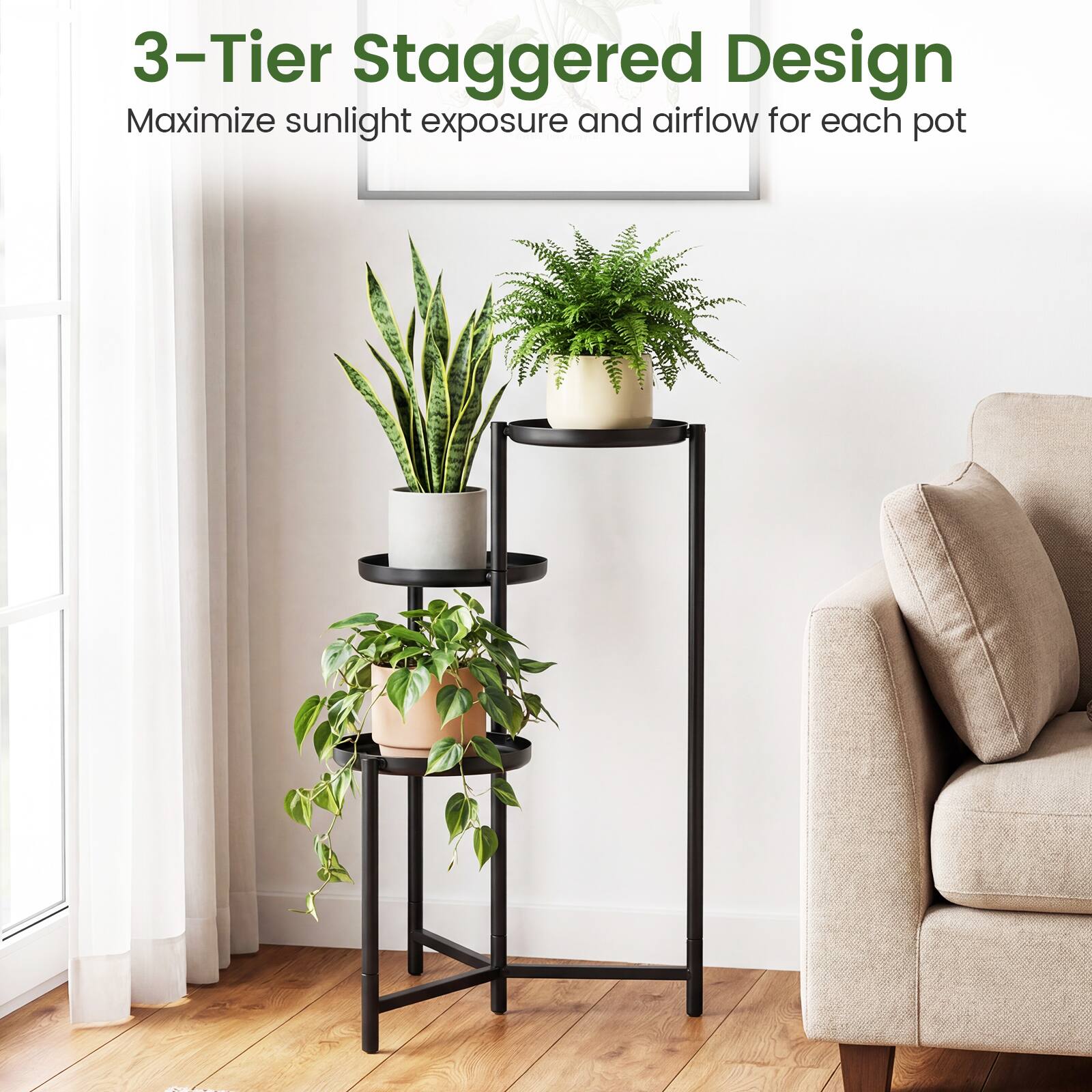 3-Tier Staggered Design  
Maximize sunlight exposure and airflow for each pot